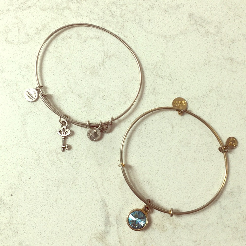 Alex and Ani charm bracelets key & blue gem
